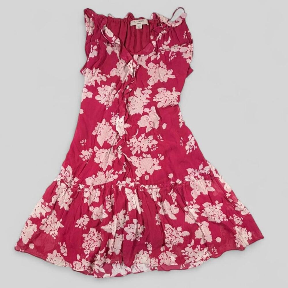 AllSaints Pink Floral Ruffle Mini Dress Womens Small Sleeveless Chiffon Flowy